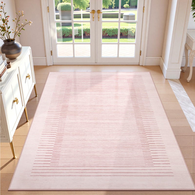 Wonnitar Washable Striped Living Room Area Rug 5x7, Non-Slip Berber Stripe Pink Area Rugs for Bedroom Girls, Low Pile Soft Large Throw Carpet for Kids Nursery Room (Pink,5' x 7') - Image 1