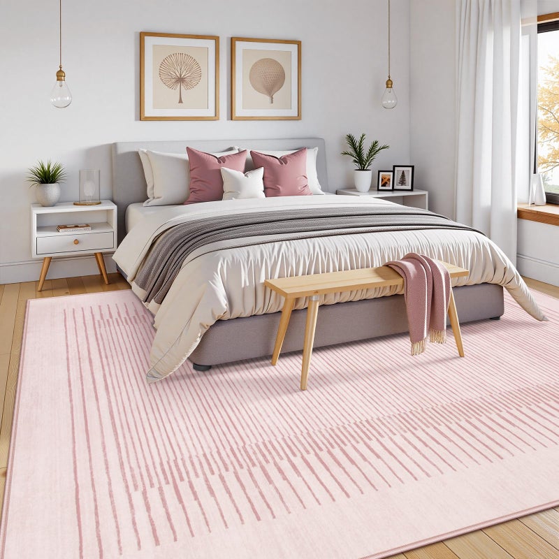Wonnitar Washable Striped Living Room Area Rug 5x7, Non-Slip Berber Stripe Pink Area Rugs for Bedroom Girls, Low Pile Soft Large Throw Carpet for Kids Nursery Room (Pink,5' x 7') - Image 3