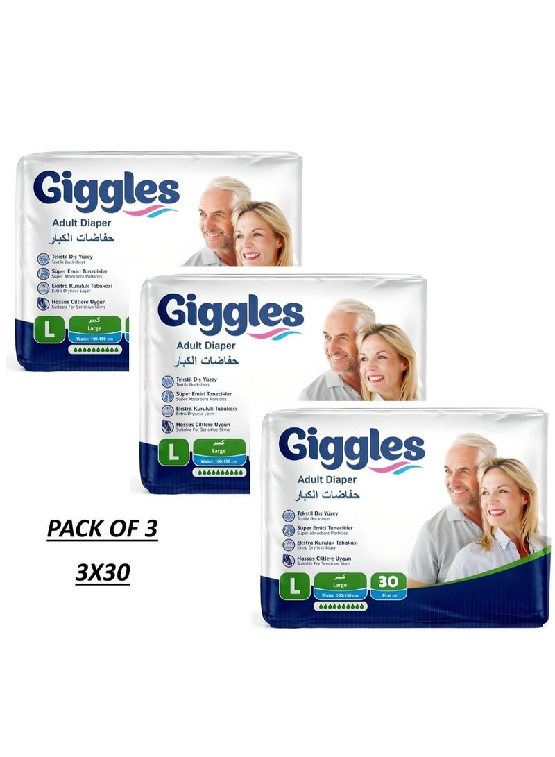 giggles 3 Pack of Giggles Adult Diapers – Size Large (Total 90 Pieces, Waist 100–150 cm) - Image 1
