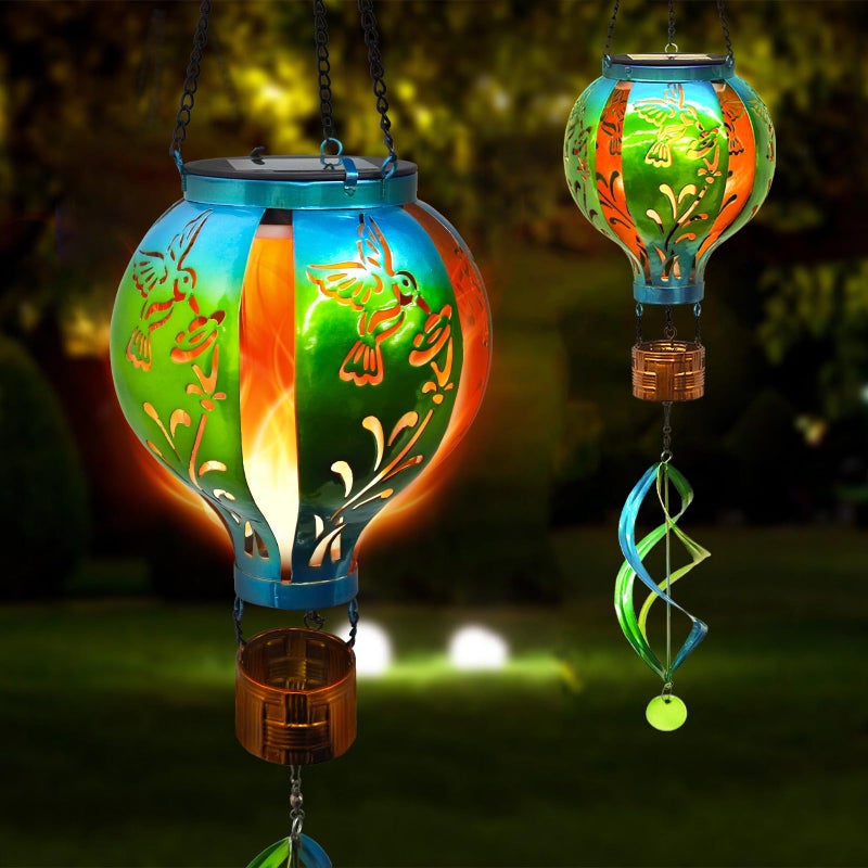 SUNNYPARK Hot Air Balloon Solar Lantern Hummingbird Wind Spinners with Flickering Flame Light Hanging Solar Lantern Outdoor Waterproof Decorations for Outside Patio Garden Yard - Image 2
