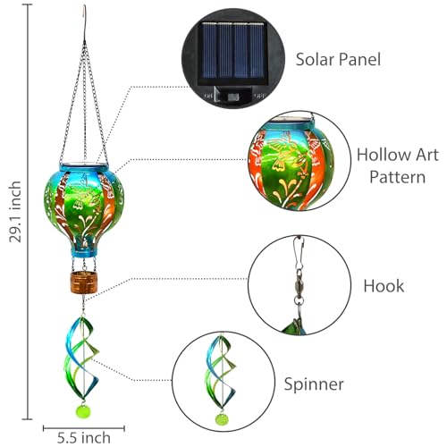 SUNNYPARK Hot Air Balloon Solar Lantern Hummingbird Wind Spinners with Flickering Flame Light Hanging Solar Lantern Outdoor Waterproof Decorations for Outside Patio Garden Yard - Image 3