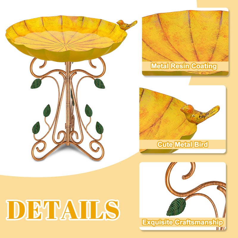 Gouisalin Vintage Metal Bird Bath for Outside, 13" Dia Birdbaths Bowl with Cast Iron Pedestal, Large Antique Bird Feeder with Folding Bracket for Outdoors Garden Patio Yard Decor (Retro Yellow) - Image 3