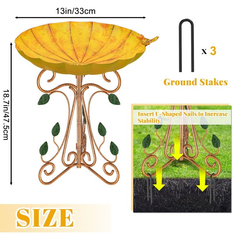 Gouisalin Vintage Metal Bird Bath for Outside, 13" Dia Birdbaths Bowl with Cast Iron Pedestal, Large Antique Bird Feeder with Folding Bracket for Outdoors Garden Patio Yard Decor (Retro Yellow) - Image 2