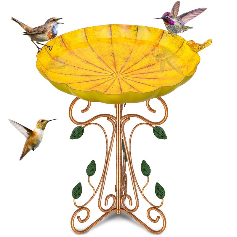 Gouisalin Vintage Metal Bird Bath for Outside, 13" Dia Birdbaths Bowl with Cast Iron Pedestal, Large Antique Bird Feeder with Folding Bracket for Outdoors Garden Patio Yard Decor (Retro Yellow) - Image 1