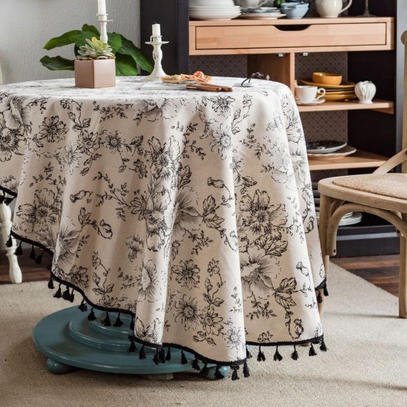 F-CHU Floral Round Tablecloth 60 Inch Cotton Linen Table Cloth with Tassels for Restaurant, Picnic, Indoor and Table Cover Home Decoration, Floralï¼ˆBlack White - Image 1