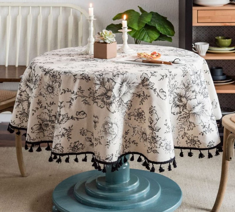 F-CHU Floral Round Tablecloth 60 Inch Cotton Linen Table Cloth with Tassels for Restaurant, Picnic, Indoor and Table Cover Home Decoration, Floralï¼ˆBlack White - Image 3