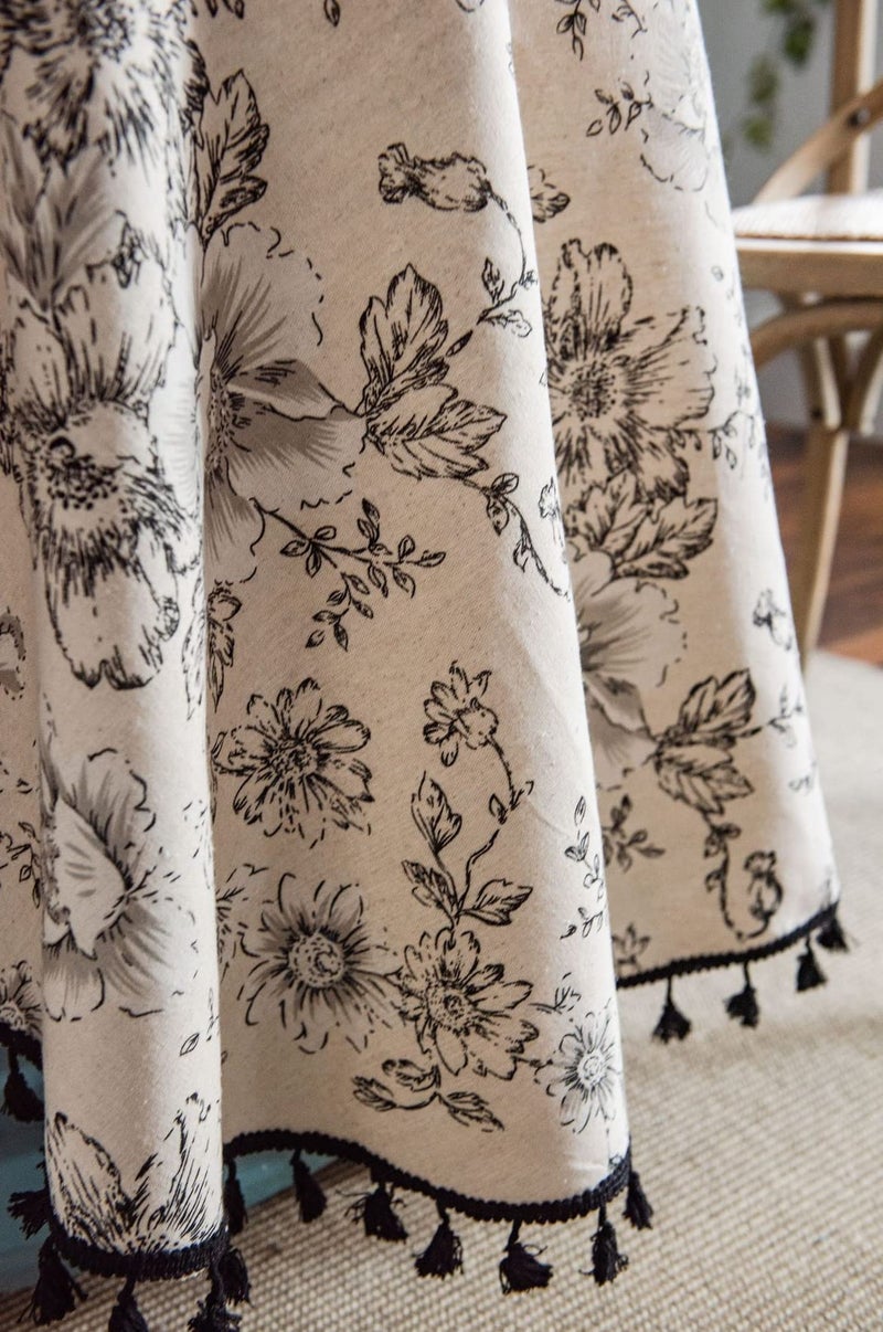 F-CHU Floral Round Tablecloth 60 Inch Cotton Linen Table Cloth with Tassels for Restaurant, Picnic, Indoor and Table Cover Home Decoration, Floralï¼ˆBlack White - Image 4