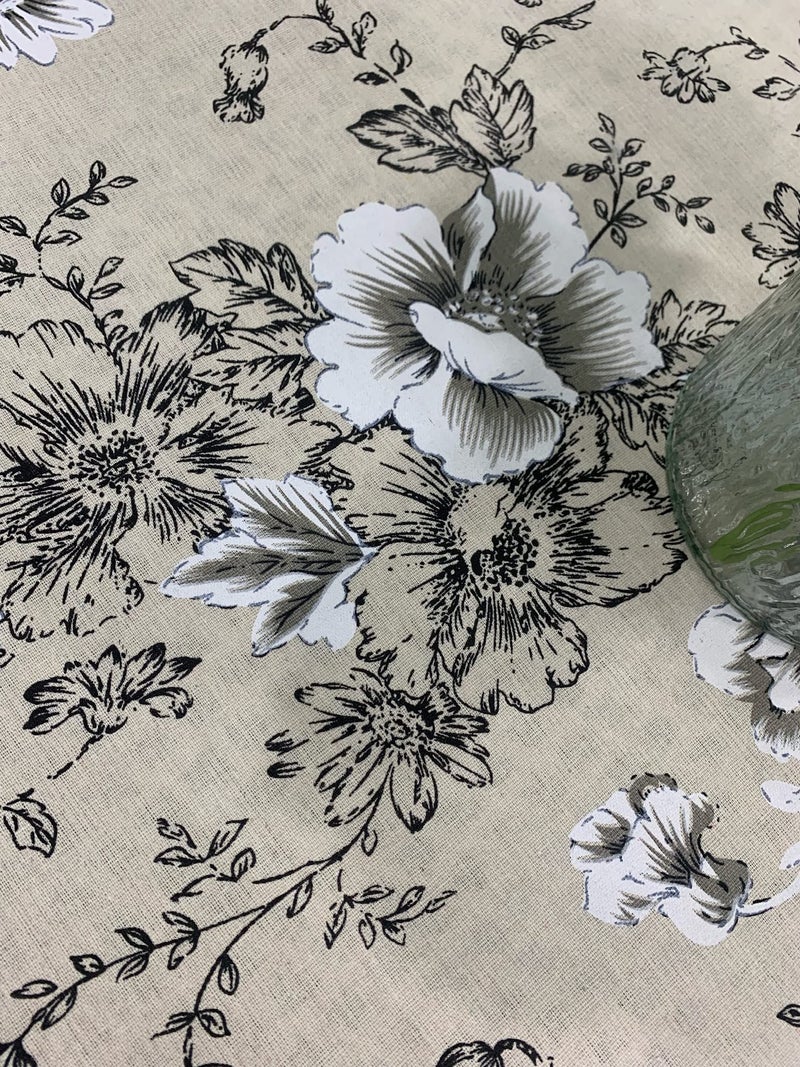 F-CHU Floral Round Tablecloth 60 Inch Cotton Linen Table Cloth with Tassels for Restaurant, Picnic, Indoor and Table Cover Home Decoration, Floralï¼ˆBlack White - Image 2