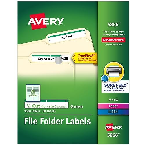 Avery Green File Folder Labels for Laser and Inkjet Printers with TrueBlock Technology, 2/3 inches x 3-7/16 inches, Box of 1500 (5866) - Image 1
