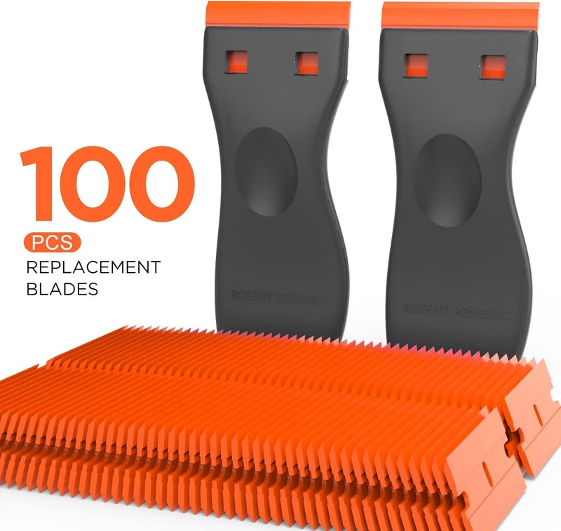 HELEMAN Plastic Razor Blades Scraper Tool - 2 Pack Wall Paint Remover with 100 PCS Blades Kit No Scratch Car Window Glass Wood Sticker Removal Floor Stove Kitchen Vinyl Adhesive Decal Tape Cleaning - Image 4