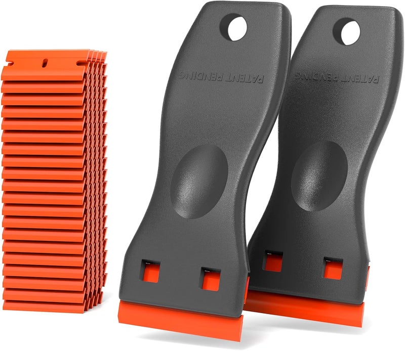 HELEMAN Plastic Razor Blades Scraper Tool - 2 Pack Wall Paint Remover with 100 PCS Blades Kit No Scratch Car Window Glass Wood Sticker Removal Floor Stove Kitchen Vinyl Adhesive Decal Tape Cleaning - Image 1