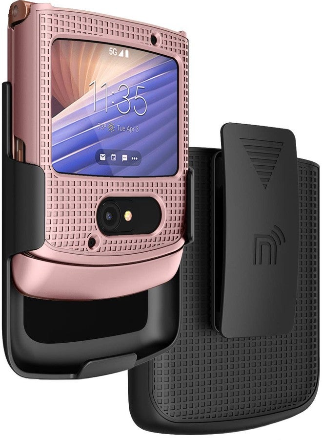 نيكيد سيل فون جراب Nakedcellphone مع مشبك لهاتف Motorola RAZR 5G القابل للطي، [ذهبي وردي] غطاء صلب رفيع مع حامل حزام [دوار/بسقاطة] لهاتف Moto RAZR 5G القابل للطي (2020) XT2071 - Image 1