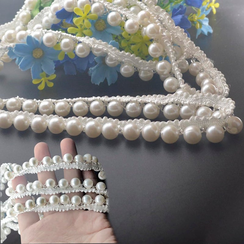 Kuasting 5 Yards Faux Pearl Bead Tassel Fringe Trim Vintage Style White Edging DIY Craft Ribbon for Wedding Party Decoration