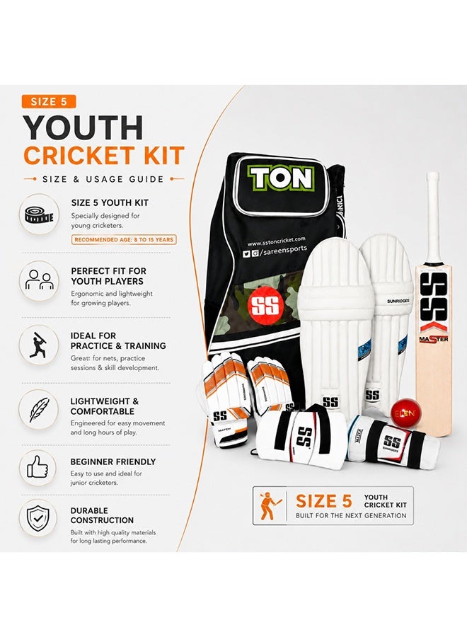 SS Cricket Kit Size 5 with Bat, Pads, Gloves, Thigh Guard, Elbow Guard, Ball & Bag – Complete Junior Cricket Set - Image 5