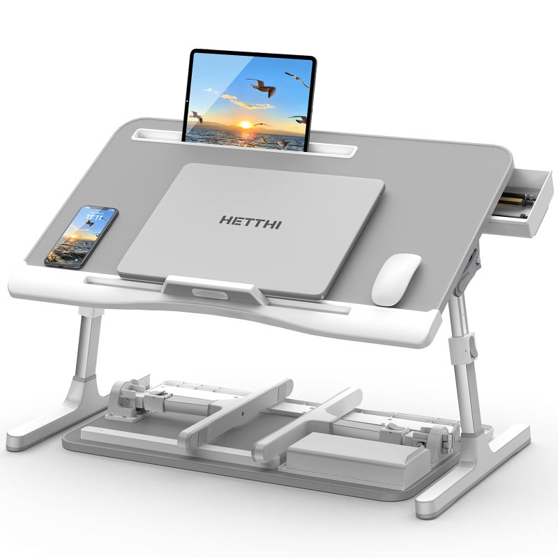 HETTHI Laptop Bed Table Height  Angle Adjustable Laptop Desk for Bed with Premium Materials Super Sturdy Foldable Laptop Bed Tray Table with Drawer for Bed Couch Floor Gray 23614