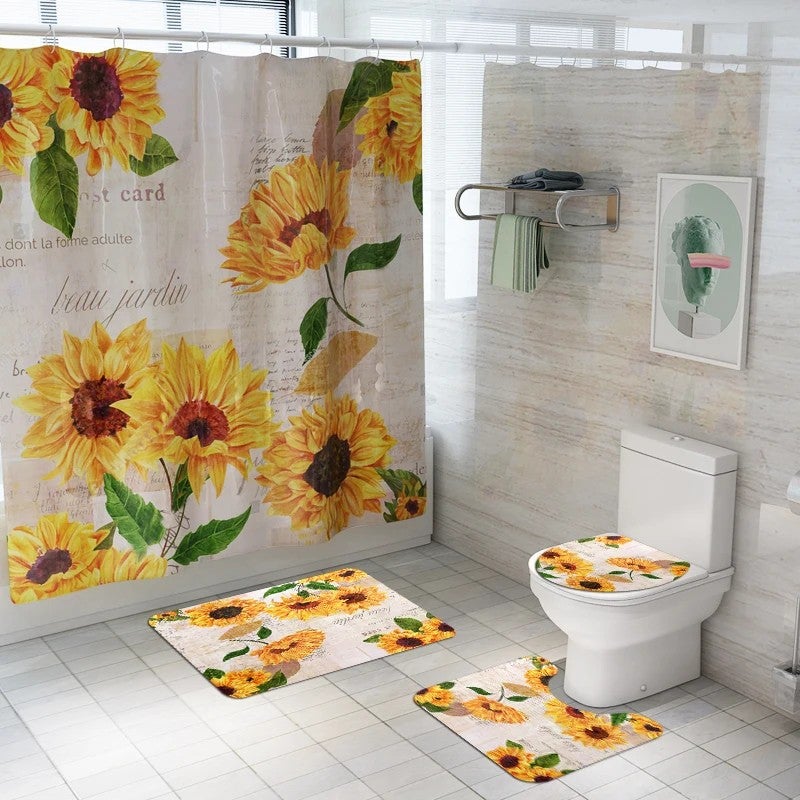 Y&D Floral Printed Bath Rug and Shower Curtain Set for Bathroom Decor with Included Shower Curtain - Image 5