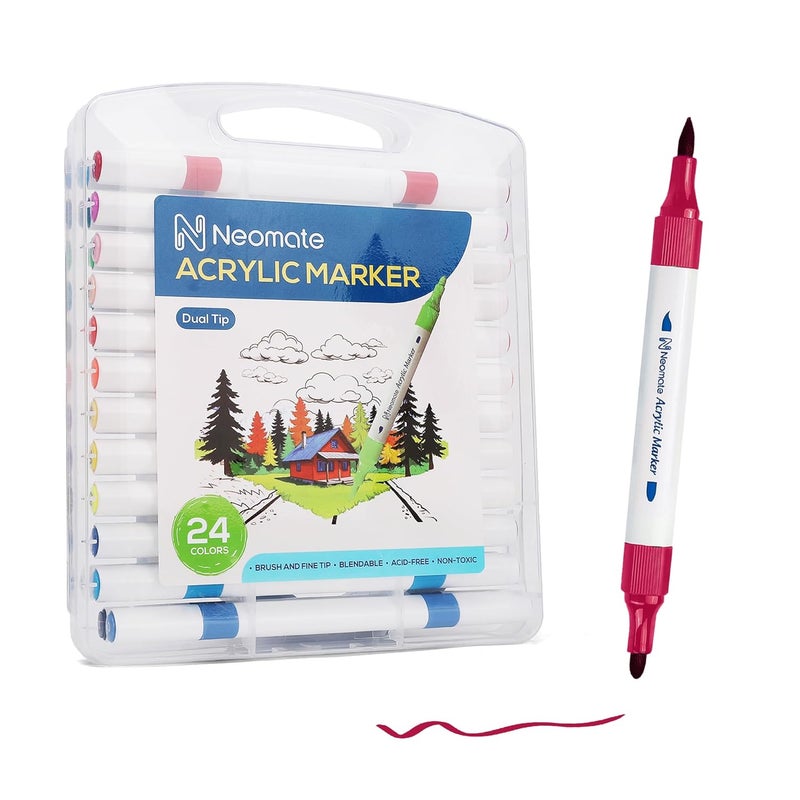 Neomate 24 Pcs Dual-Tip Acrylic Markers Set | Non-Toxic Art Supplies for Kids & Adults | Brush and Fine Tips for Drawing & Sketching | Includes Carry Case for Easy Storage | Ideal for Coloring Books - Image 1