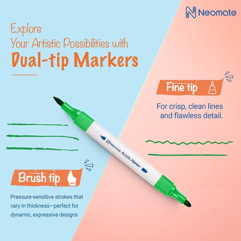 Neomate 24 Pcs Dual-Tip Acrylic Markers Set | Non-Toxic Art Supplies for Kids & Adults | Brush and Fine Tips for Drawing & Sketching | Includes Carry Case for Easy Storage | Ideal for Coloring Books - Image 3