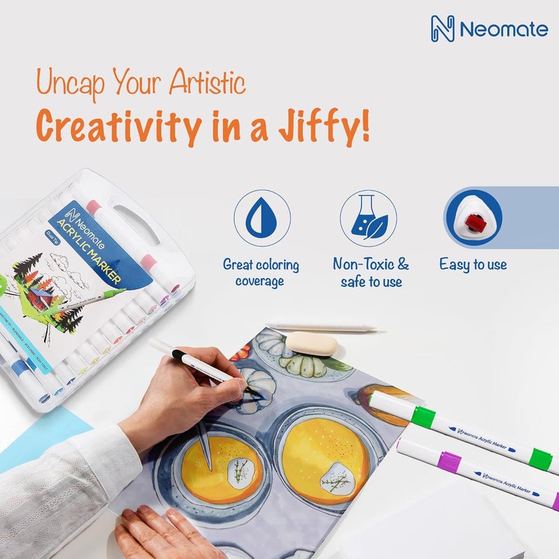 Neomate 24 Pcs Dual-Tip Acrylic Markers Set | Non-Toxic Art Supplies for Kids & Adults | Brush and Fine Tips for Drawing & Sketching | Includes Carry Case for Easy Storage | Ideal for Coloring Books - Image 5