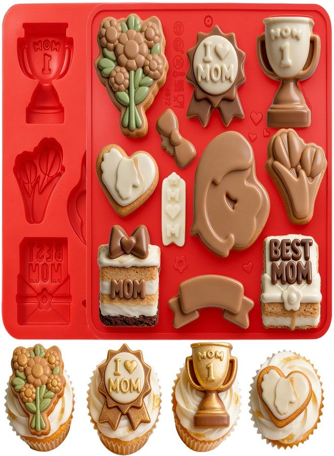 ANSEE Mother's Day Silicone Molds, 2PACK Non-Stick Candy Baking Mold with "Best Mom", Trophy, Flower Bouquet, Heart, Gift Box Designs for Cake Decorating, Chocolate, Candy, Soap, Resin Crafts, Ice Cube - Image 1
