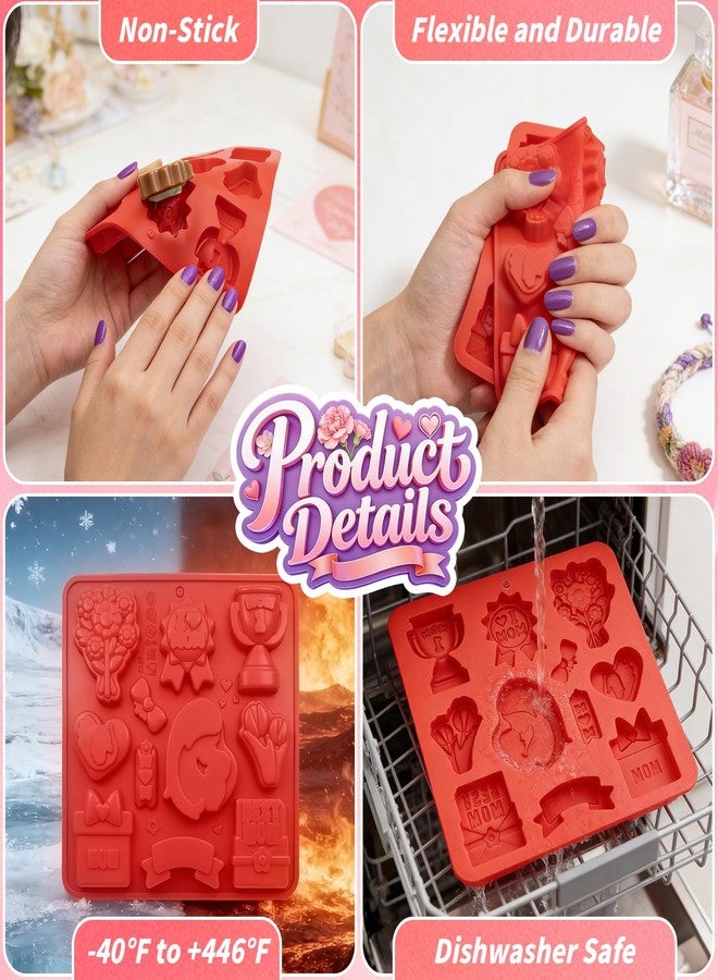 ANSEE Mother's Day Silicone Molds, 2PACK Non-Stick Candy Baking Mold with "Best Mom", Trophy, Flower Bouquet, Heart, Gift Box Designs for Cake Decorating, Chocolate, Candy, Soap, Resin Crafts, Ice Cube - Image 4