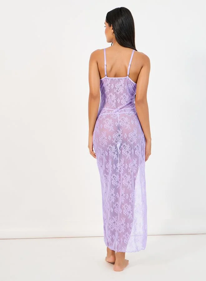 Styli Styli All Over Lace Ruched Tie High Slit Slip Dress and Thong Set