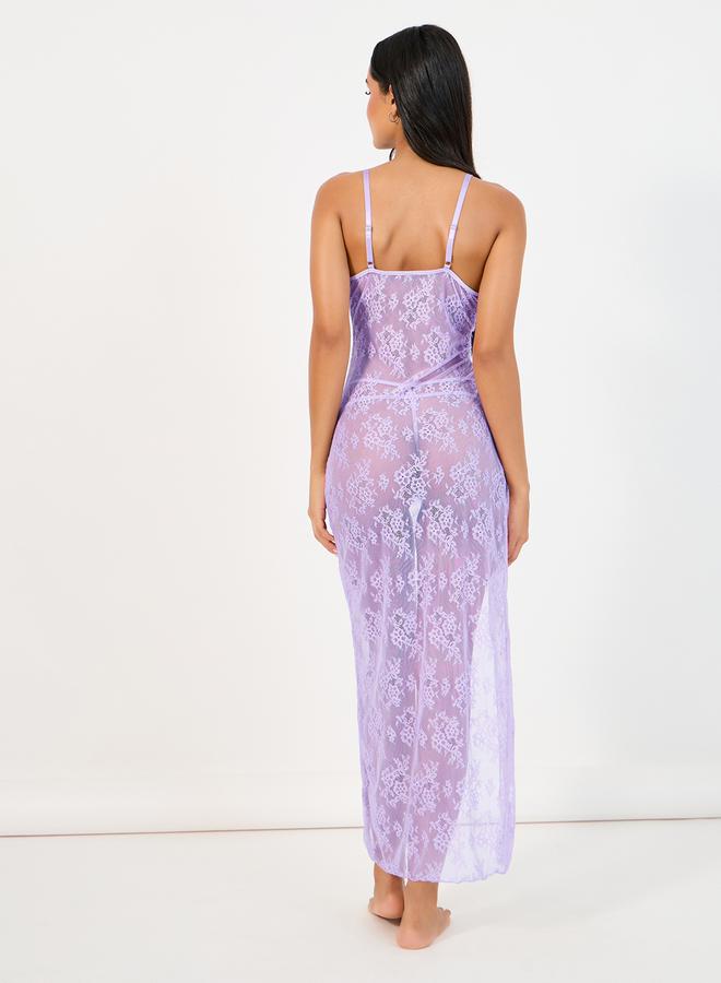 Styli All Over Lace Ruched Tie High Slit Slip Dress and Thong Set - Image 4