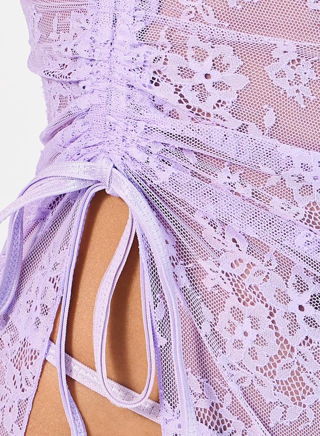 Styli All Over Lace Ruched Tie High Slit Slip Dress and Thong Set - Image 2