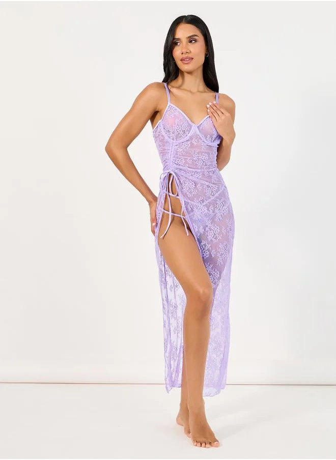 Styli All Over Lace Ruched Tie High Slit Slip Dress and Thong Set