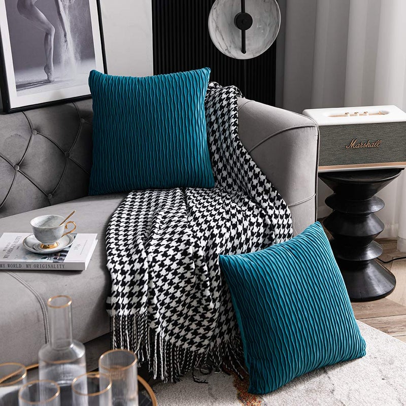 DEZENE Turquoise Throw Pillow Cases 16x16: 2 Pack Inch Original Striped Velvet Square Decorative Pillow Covers for Farmhouse Couch - Image 3