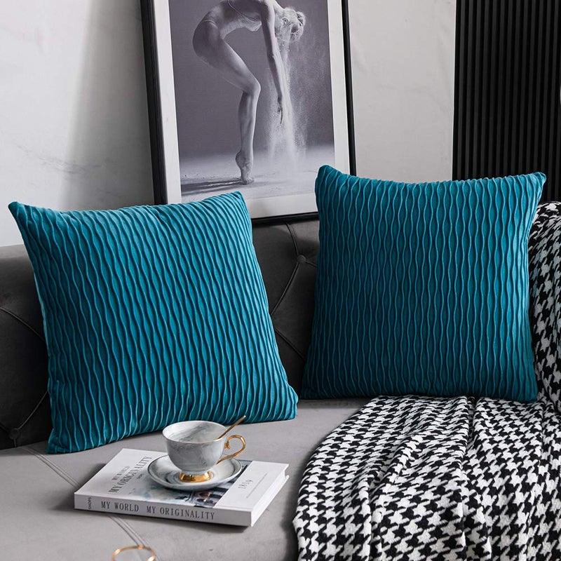 DEZENE Turquoise Throw Pillow Cases 16x16: 2 Pack Inch Original Striped Velvet Square Decorative Pillow Covers for Farmhouse Couch - Image 2