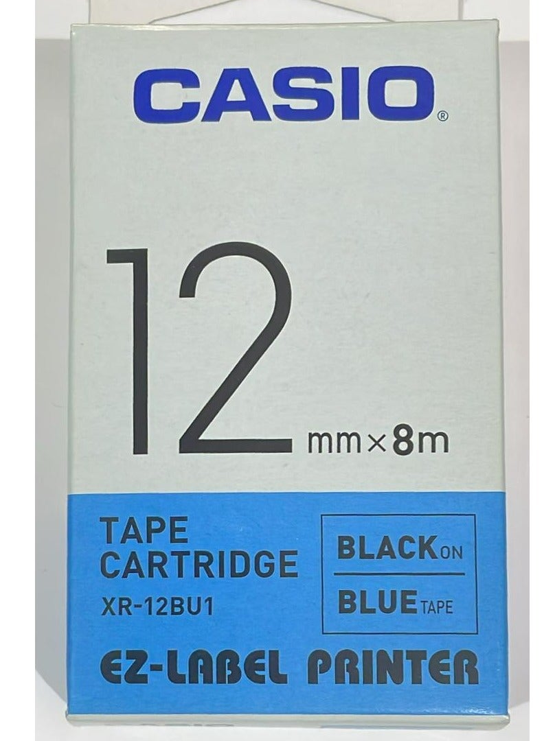 Casio tape cartridge black on blue tape XR-12BU1