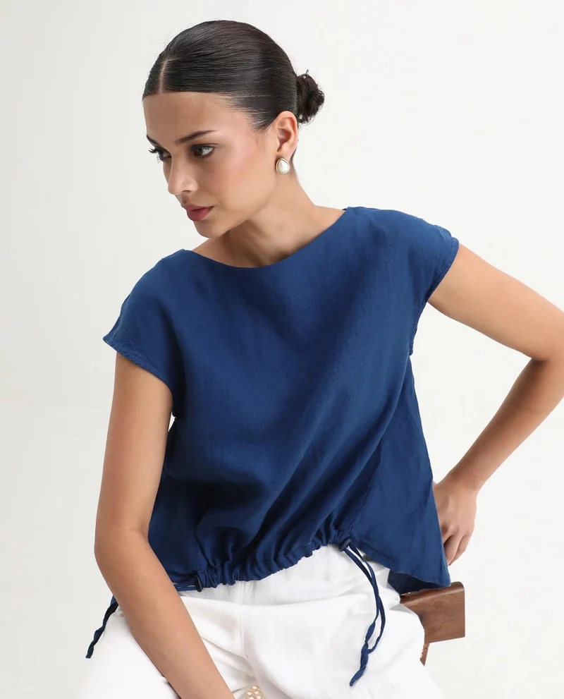 Rareism Women's High Low 100% Linen Boxy Top