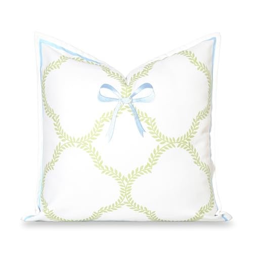 Hofdeco Premium Coastal Grandmillennial Patio Indoor Outdoor Throw Pillow Cover Only 20x20 Water Repellent for Backyard Couch Poolside Grass Green Embroidered Ribbon Bow Tie on Leaves - Image 1