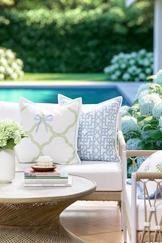 Hofdeco Premium Coastal Grandmillennial Patio Indoor Outdoor Throw Pillow Cover Only 20x20 Water Repellent for Backyard Couch Poolside Grass Green Embroidered Ribbon Bow Tie on Leaves - Image 3
