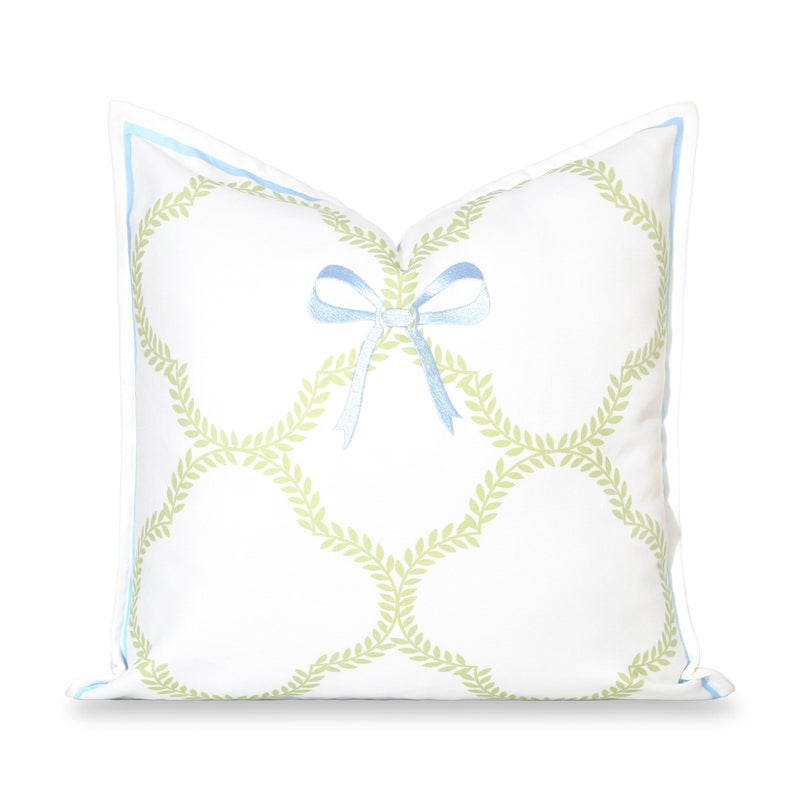Hofdeco Premium Coastal Grandmillennial Patio Indoor Outdoor Throw Pillow Cover Only 20x20 Water Repellent for Backyard Couch Poolside Grass Green Embroidered Ribbon Bow Tie on Leaves - Image 2