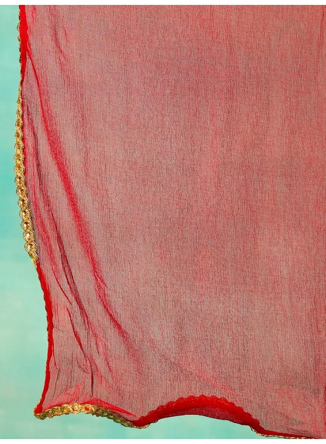 AKS Yellow & Red Floral Printed Anarkali & Pant With Dupatta Set