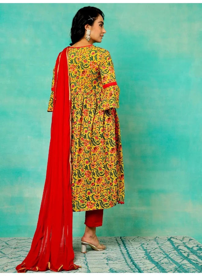 AKS Yellow & Red Floral Printed Anarkali & Pant With Dupatta Set