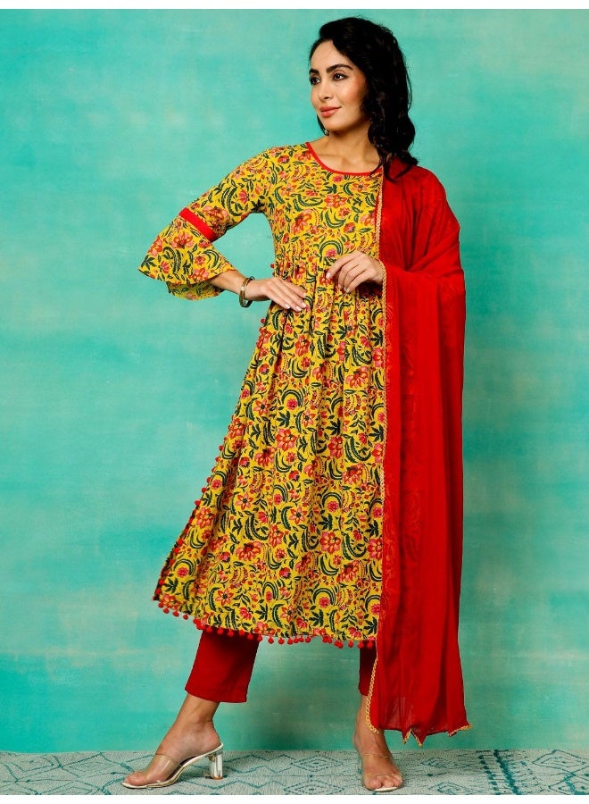 AKS Yellow & Red Floral Printed Anarkali & Pant With Dupatta Set - Image 1