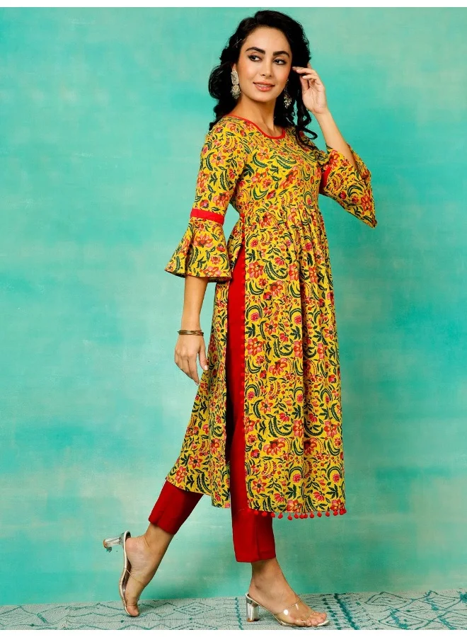 AKS Yellow & Red Floral Printed Anarkali & Pant With Dupatta Set