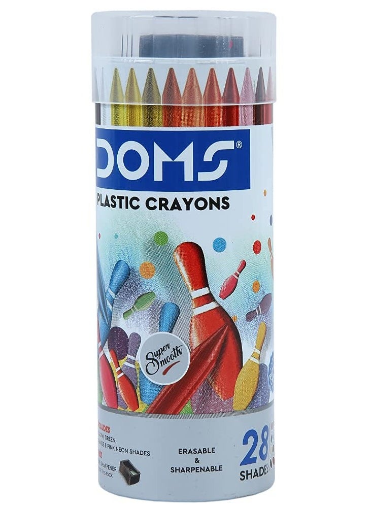DOMS - Doms 28 Shades Erasable Plastic Crayons Round Tin Box | Smooth & Even Shading | Bright & Playful Colors | Free Sharpner Inside | Non-Toxic & Safe For Childrens - Image 1