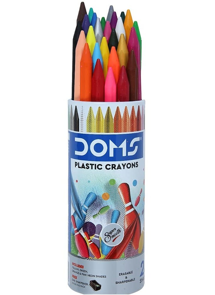 DOMS - Doms 28 Shades Erasable Plastic Crayons Round Tin Box | Smooth & Even Shading | Bright & Playful Colors | Free Sharpner Inside | Non-Toxic & Safe For Childrens - Image 1