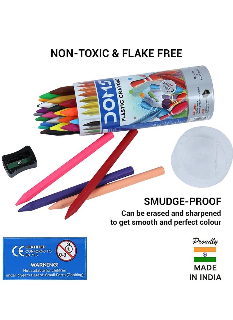 DOMS - Doms 28 Shades Erasable Plastic Crayons Round Tin Box | Smooth & Even Shading | Bright & Playful Colors | Free Sharpner Inside | Non-Toxic & Safe For Childrens - Image 1