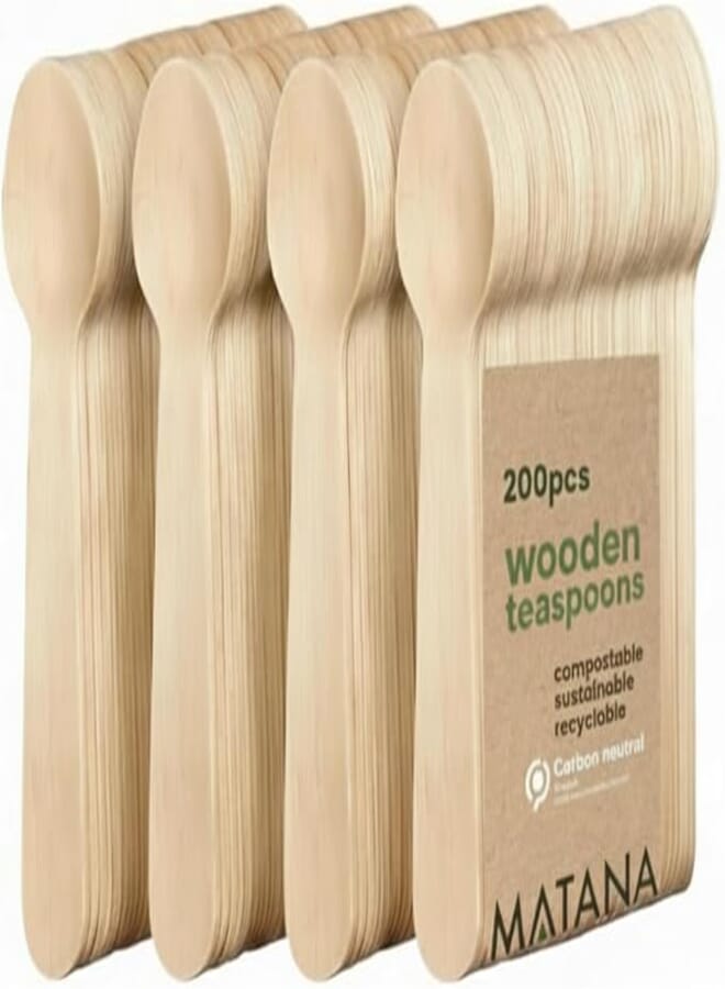 MATANA - 200 Mini Wooden Teaspoons, Disposable Wooden Spoon Set, Alternative to Plastic Spoons, Like Bamboo Spoons - Wooden Spoon for Home & Office Use - Small Wooden Spoons for BBQs, Picnics & More