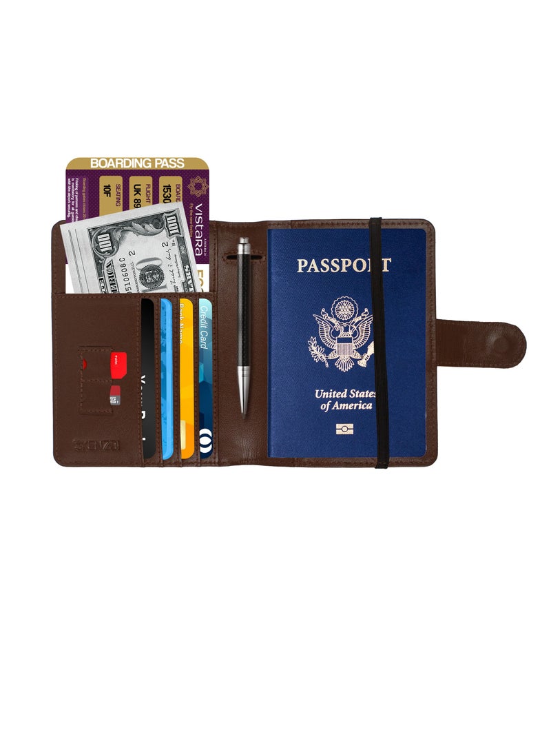 SKENZBI Passport Holder 100% Leather Travel Wallet Cover RFID Blocking  Organizer Case Brown - Image 3