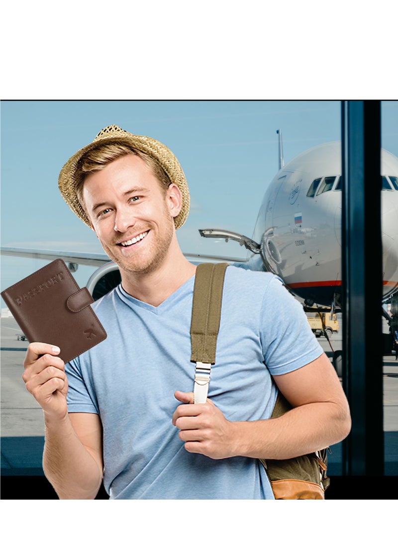 SKENZBI Passport Holder 100% Leather Travel Wallet Cover RFID Blocking  Organizer Case Brown - Image 4