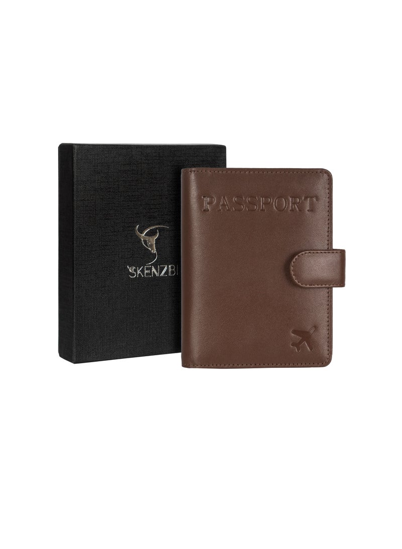 SKENZBI Passport Holder 100% Leather Travel Wallet Cover RFID Blocking  Organizer Case Brown - Image 5