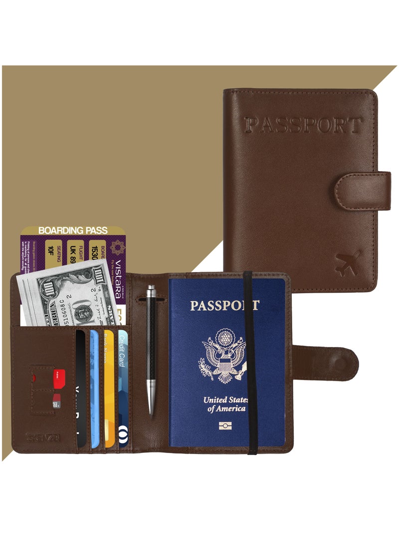SKENZBI Passport Holder 100% Leather Travel Wallet Cover RFID Blocking  Organizer Case Brown - Image 1