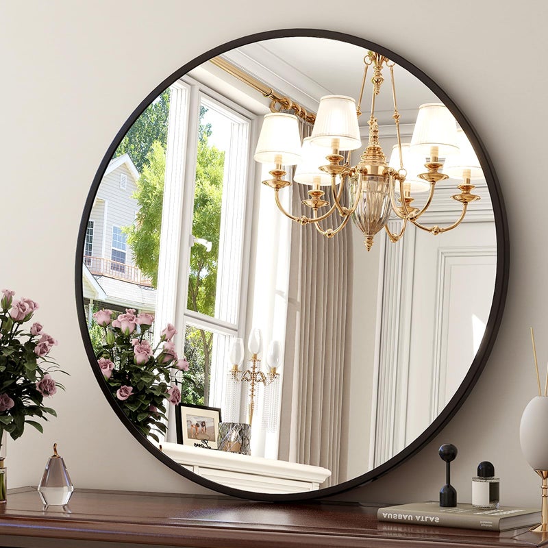 XRAMFY 24 Inch Round Mirror  Circle Mirrors for Bathroom Entryway and Living Room Wall Decor Modern Hanging Vanity Mirror Matte Black Circle Decorative Wall Mirror