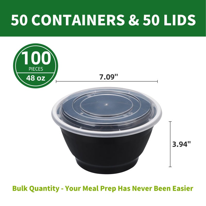 Apsic Meal Prep Bowls Containers, 50 Sets 48oz (100-Piece) Plastic Bowls with Lids for Soup Salad, Disposable To Go Food Storage Container, Round Lunch Box, BPA Free, Microwave/Dishwasher/Freezer Safe - Image 2